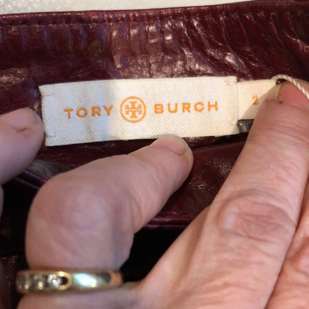 Tory Burch burgundy leather skirt with gold clasps on front - Picture 2 of 8